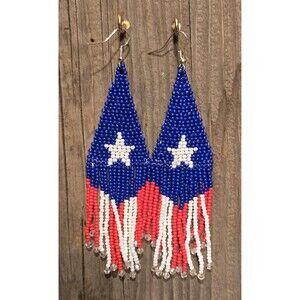 Handmade Beaded Earrings Drop / Dangle America Red/White/Blue 5 in Drop
